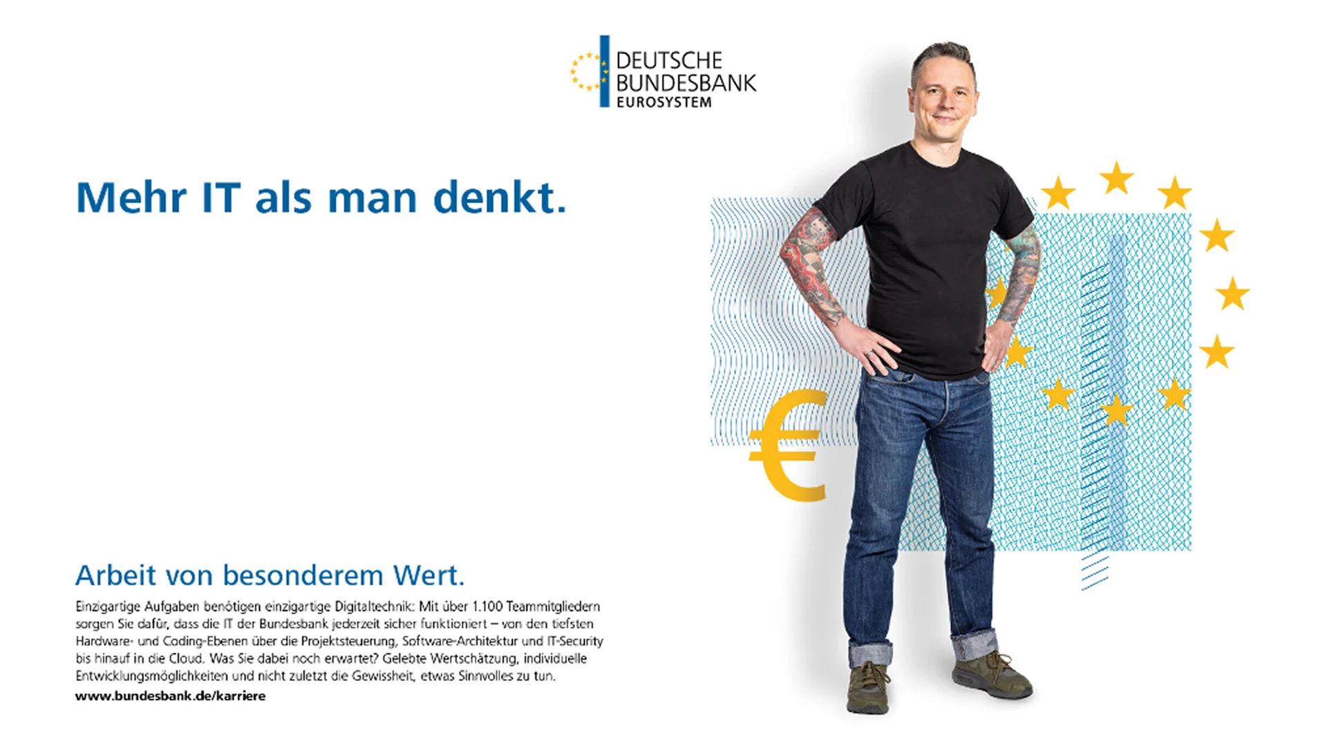Bundesbank-Kampagnenmotiv mit Euro-Symbol und der Headline „Mehr IT als man denkt.“