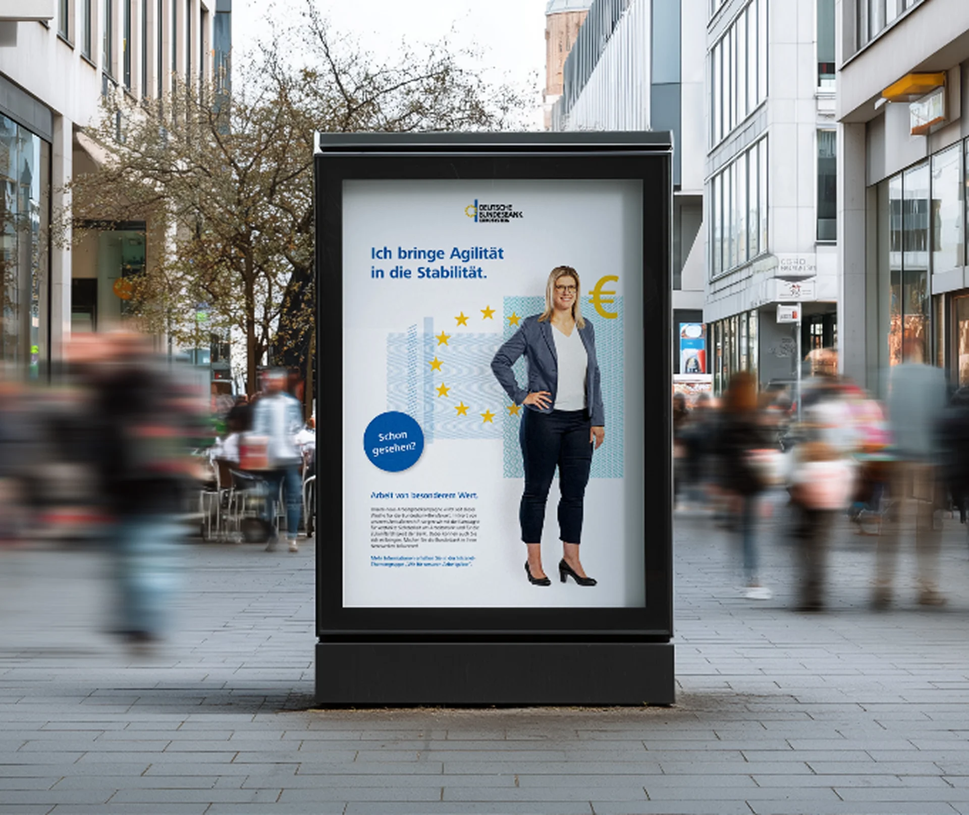 City-Light-Plakat der Bundesbank: „Ich bringe Agilität in die Stabilität.“