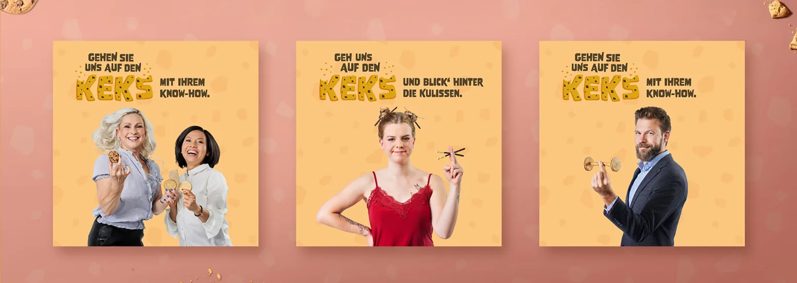 Drei Kampagnen-Frames von Griesson – de Beukelaer mit Keksen und „Gehen Sie uns auf den KEKS“