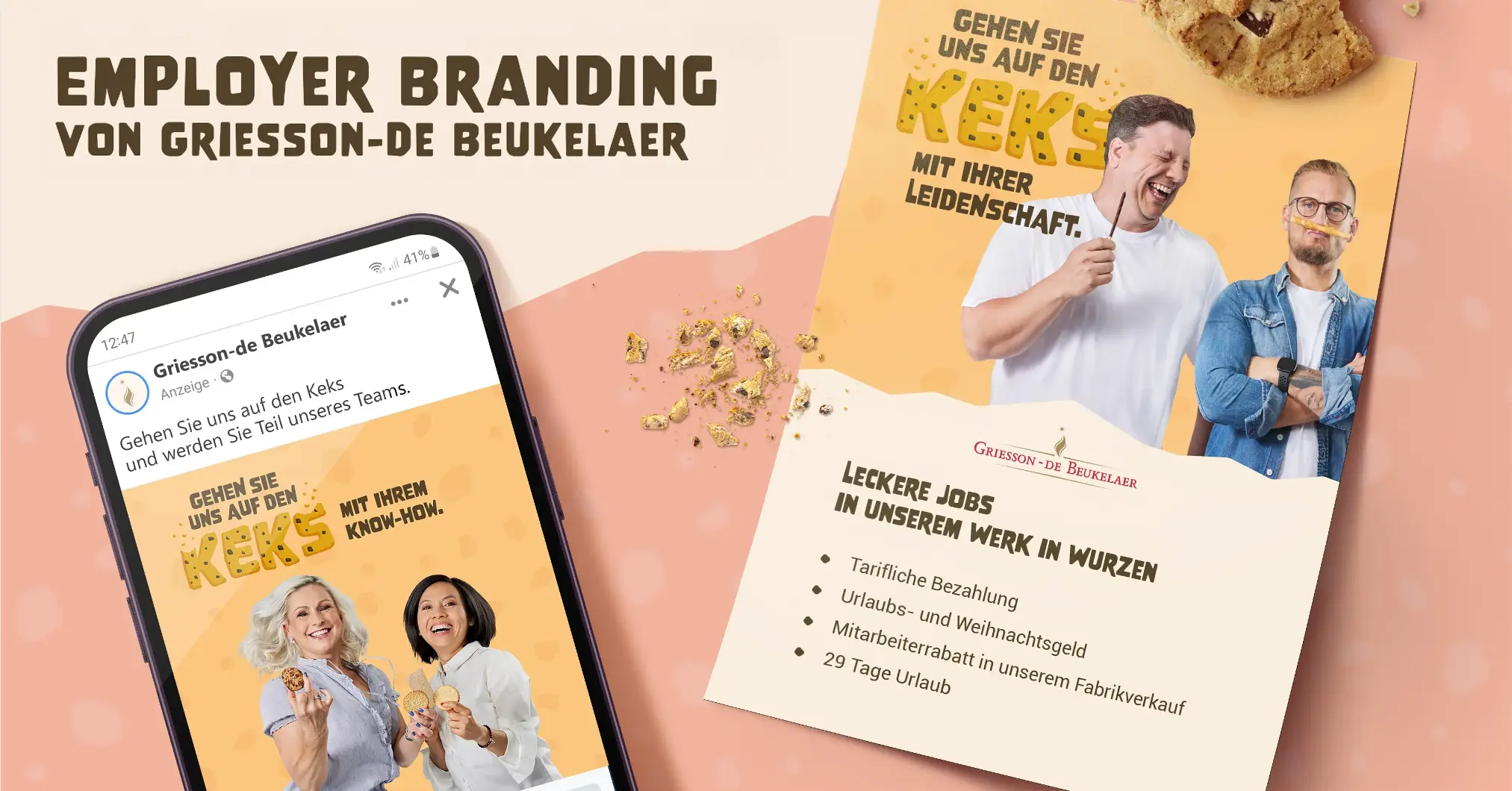 Griesson-Recruiting-Kampagne: Smartphone-Post und Flyer „Gehen Sie uns auf den Keks …“