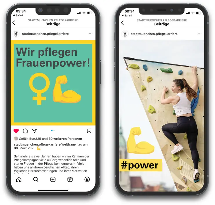 Instagram-Mockups der Münchner Pflegekarriere: „Wir pflegen Frauenpower!“